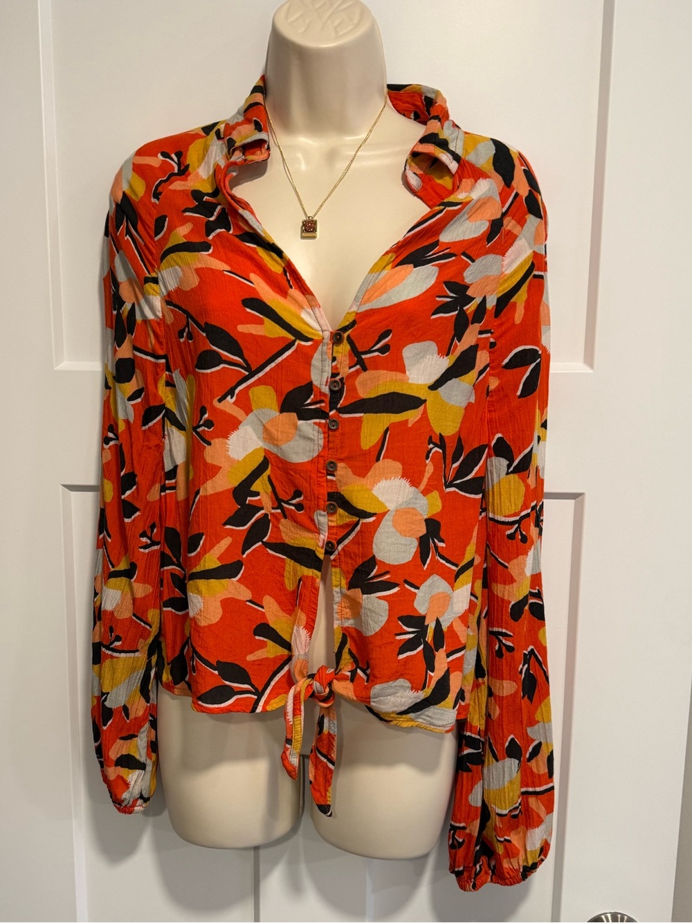 Billabong Orange Floral Tie Front Blouse Boho Y2K Rayon Women’s Small